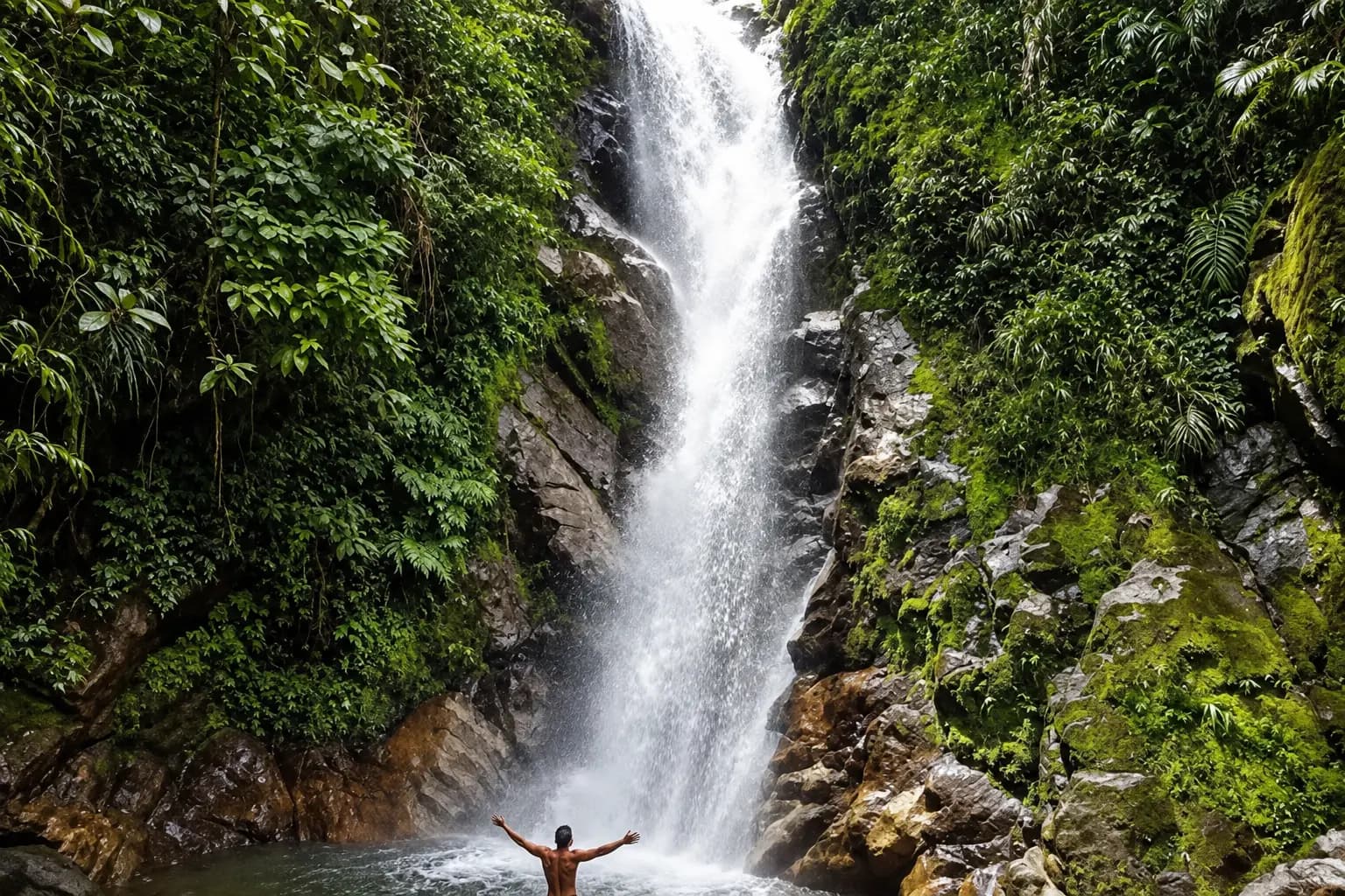 Hiker swimming at the base of a jungle waterfall in the green hills outside Medellín