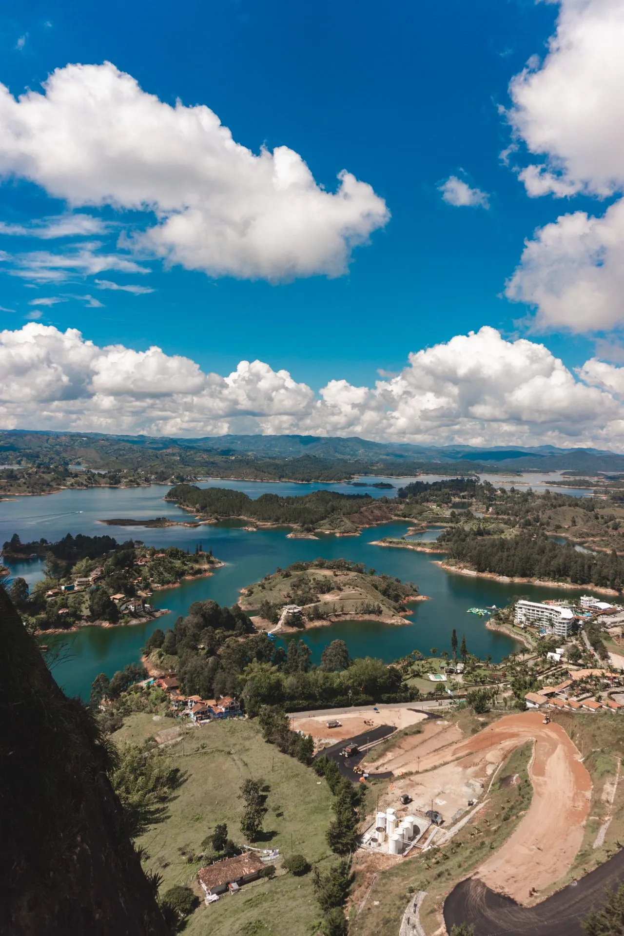 Aerial view of Guatapé Lake from the summit of El Peñol in Guatapé, Colombia